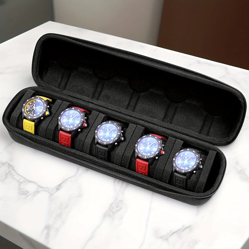 5-Slot Hard Shell Travel Watch Case with Pillow Inserts Black - Smartwatch Organizer Gift Box