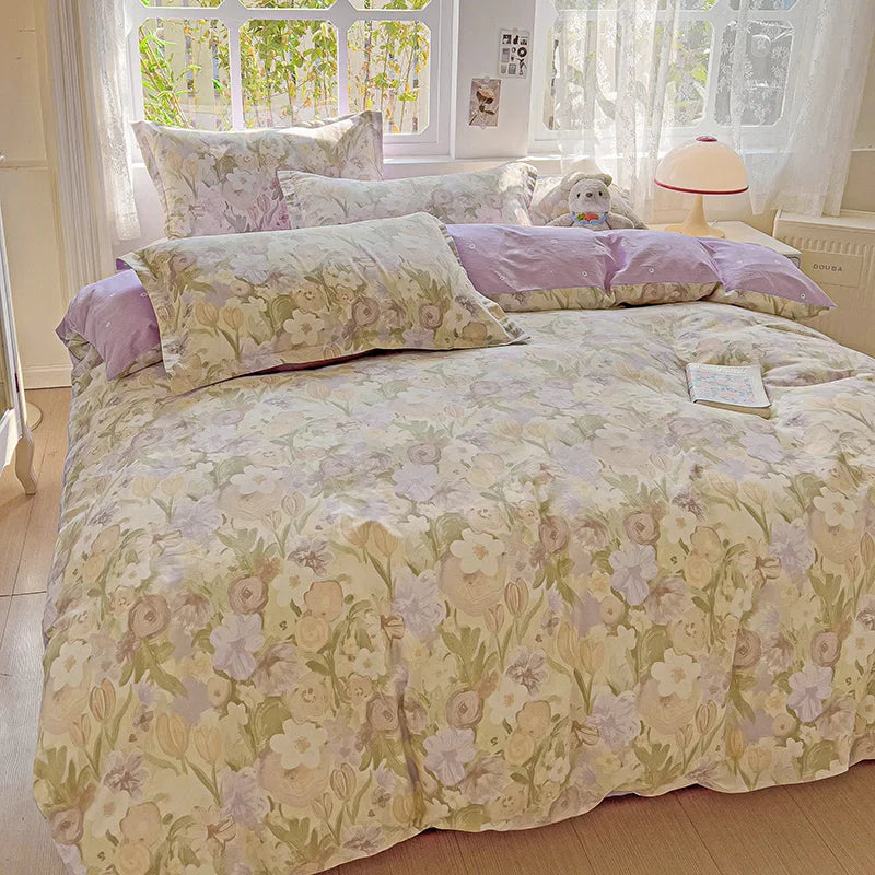 Pastel Floral 100% Cotton Duvet Cover Set - Super Soft 3-Piece (1 Duvet Cover + 2 Pillowcases) - Multiple Sizes 135×200–240×220 cm (53×79–94×87 in)