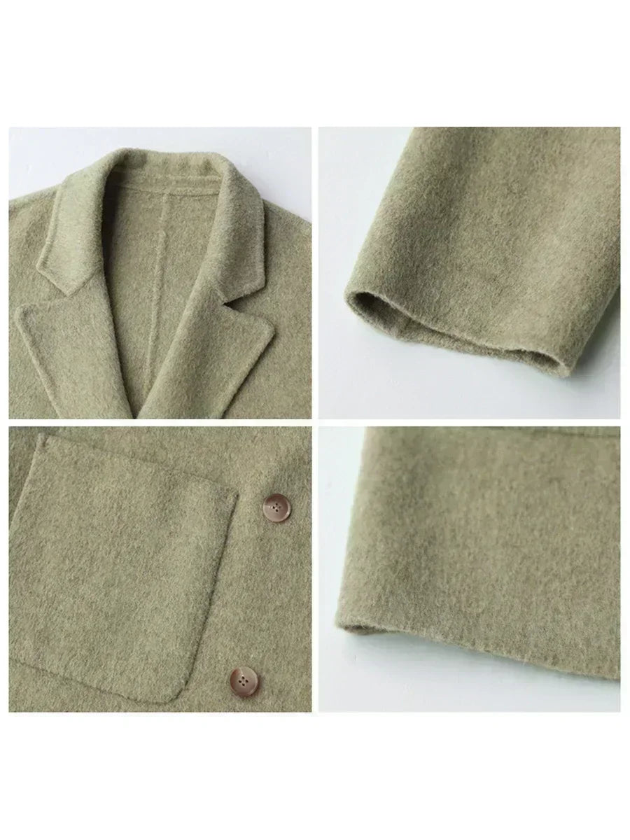 Women's Wool Blend Double-Sided Coat Loose Retro Double-Breasted Office Outerwear for Autumn Winter