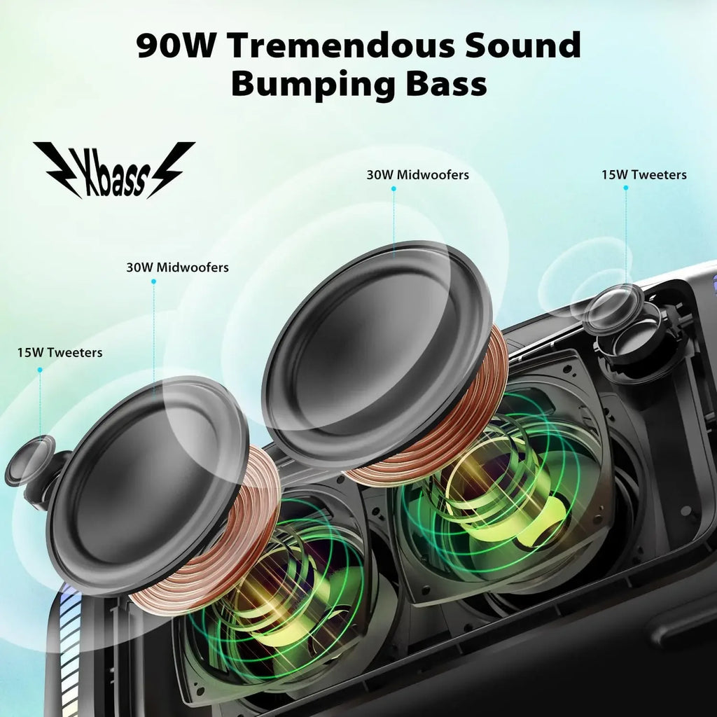 90W Portable Bluetooth Party Speaker IPX7 Waterproof — 30H Playtime, 32 LED Lights, Powerbank & Bluetooth 5.3