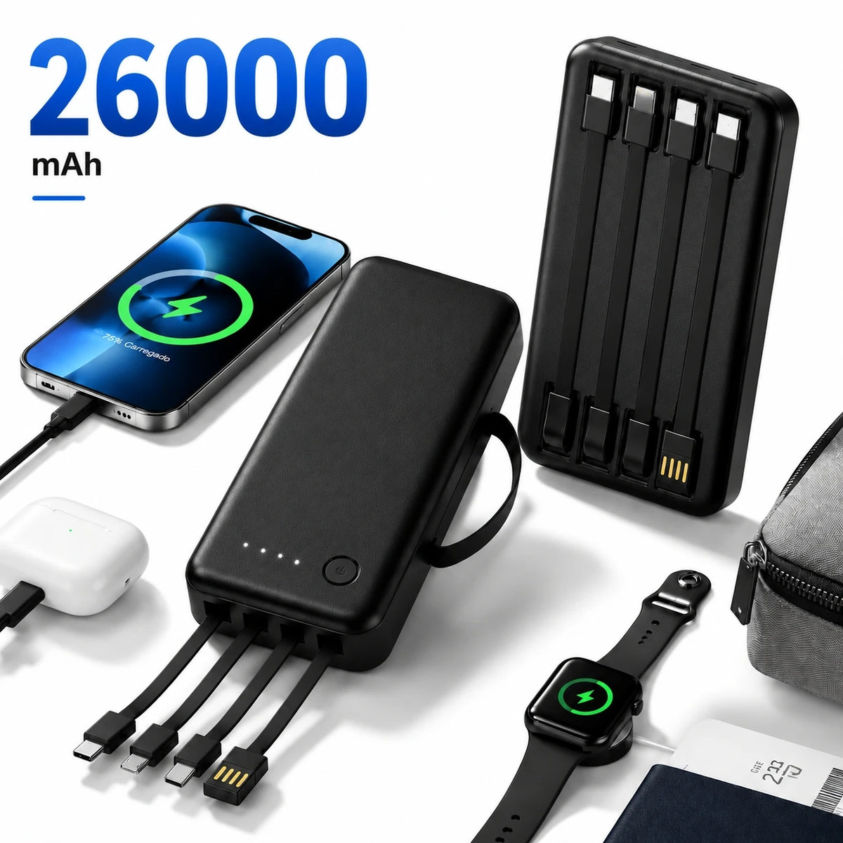 Portable Power Bank 12000/26000mAh – Fast Charger with 4 Cables (Type-C, Lightning, Micro USB, USB-A) for Phones and Travel