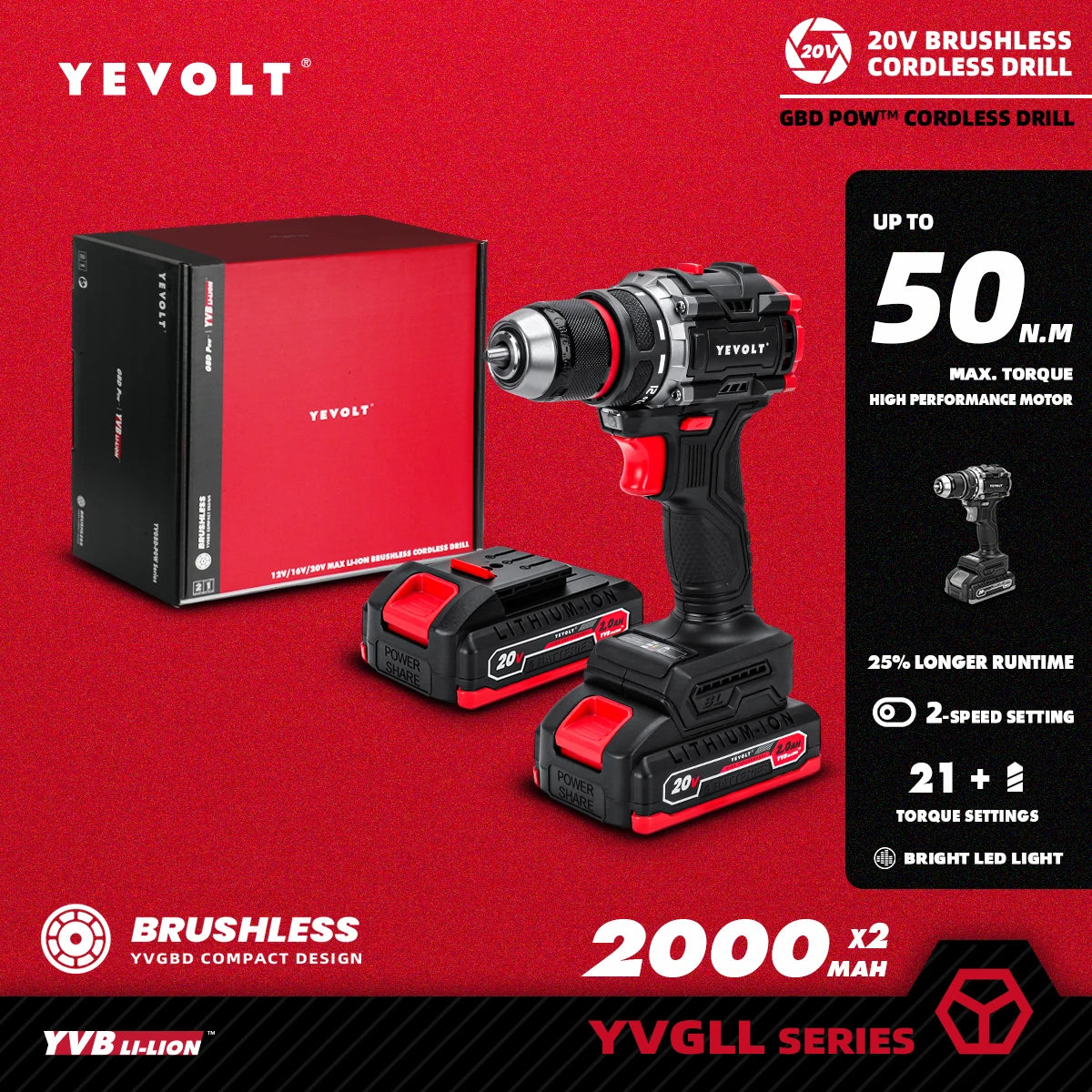 20V Brushless Cordless Drill Driver, Compact 21+1 Torque Keyless 3/8\" (0.8–10mm) Handheld Screwdriver with LED