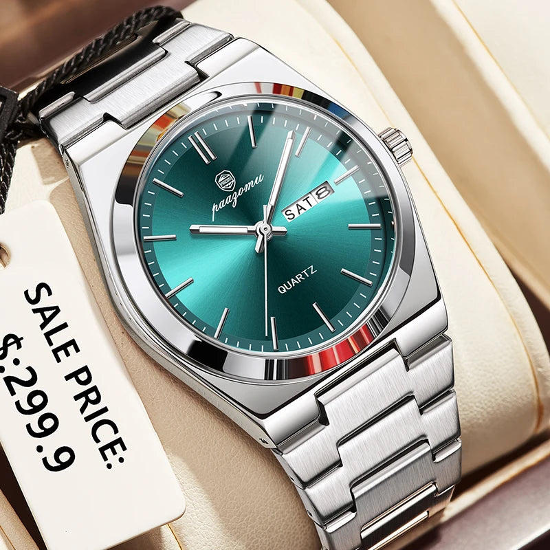 Men's Quartz Stainless Steel Watch 40-44mm Dial, 3ATM Water-Resistant Luminous Chronograph with Date