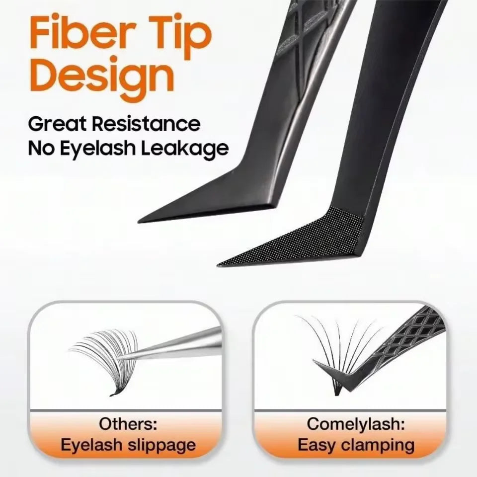 3-Pack Professional Titanium Eyelash Tweezers Set, Curved Head False Eyelash Clamp & Fiber Tip Curler