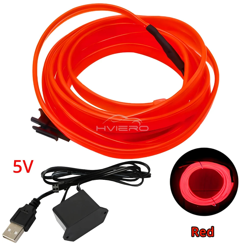 Car Interior LED Strip Light 1/2/3/5M – Flexible Neon Rope USB & 12V Ambient Door Dashboard Lighting