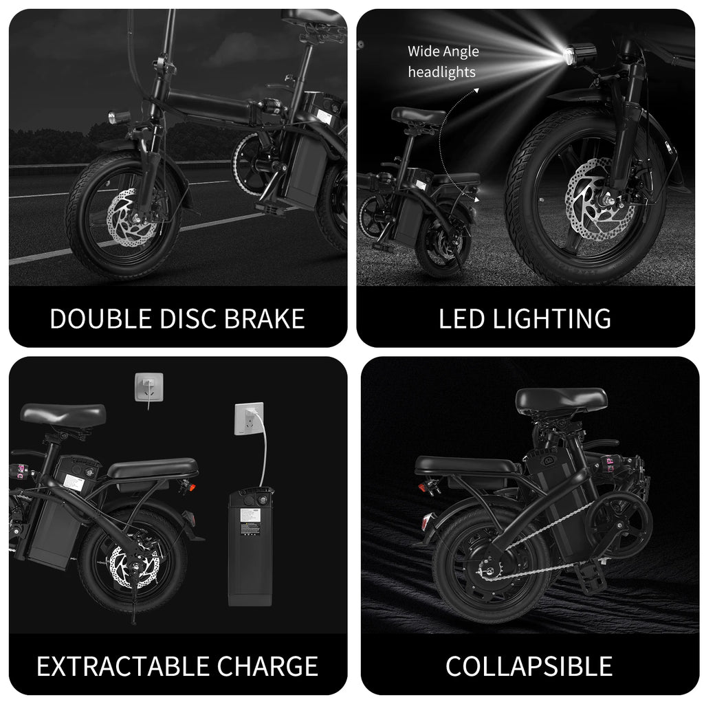 Foldable Electric Bike 500W Motor Dual Disc Brakes 14-inch (35.6 cm) Wheels 48V 10Ah Battery Up to 22 mi Range 20 MPH Commuter with Seat & Basket