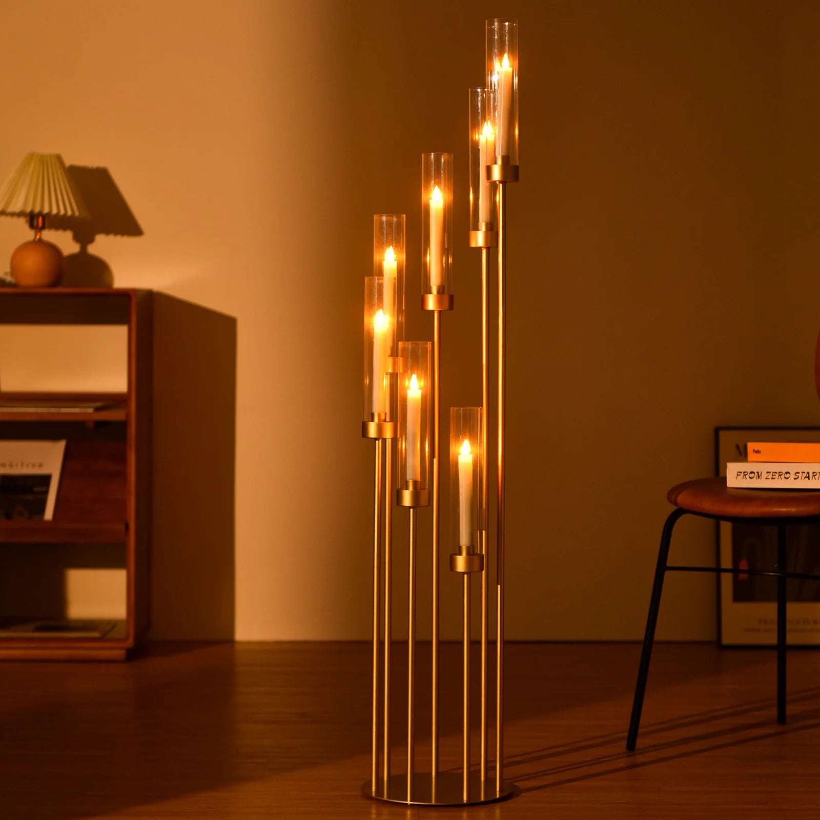 4-Pack 7-Arm Gold Floor Candelabra, 48 in (122 cm) Tall Metal Wedding Centerpiece with Removable Acrylic Shades