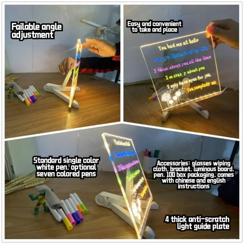 Light-Up Acrylic Message Board — Rewritable Glowing Drawing Lamp for Kids with 7 Colorful Pens