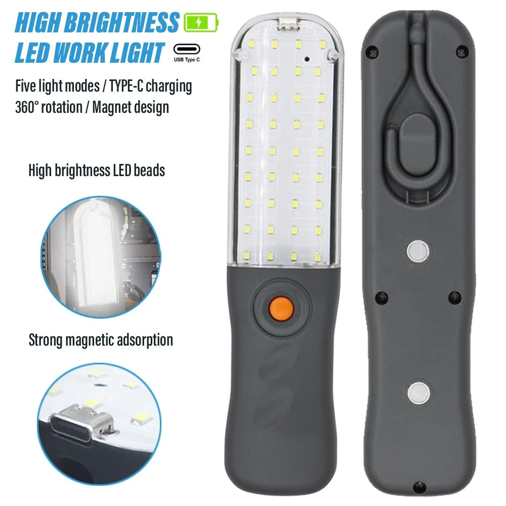 USB Rechargeable Magnetic LED Work Light - 30 cm (11.8 in) Portable Auto Repair Flashlight with Swivel Hook & Dual Magnets for Car Repair, Camping, Fishing, Emergencies