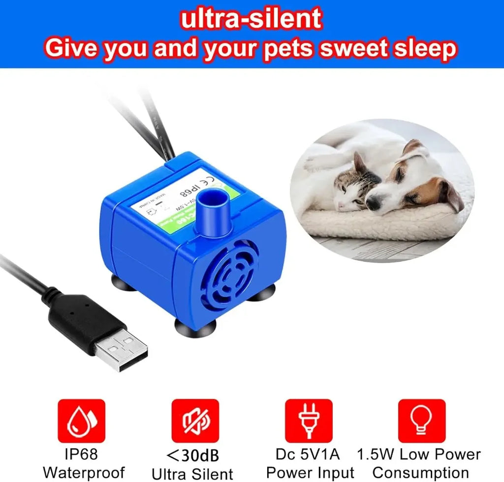 LED Cat Fountain Pump Replacement – DC 5V 1.5W USB Ultra-Quiet Waterproof Motor with 6ft (1.83m) Cable & Suction Cups