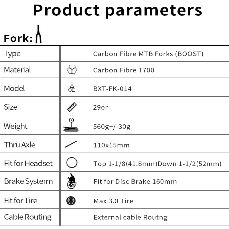 Full Carbon Boost MTB Fork 110x15mm Thru-Axle for 29er Tapered 1-1/8 to 1-1/2 Disc Brake Rigid Fork