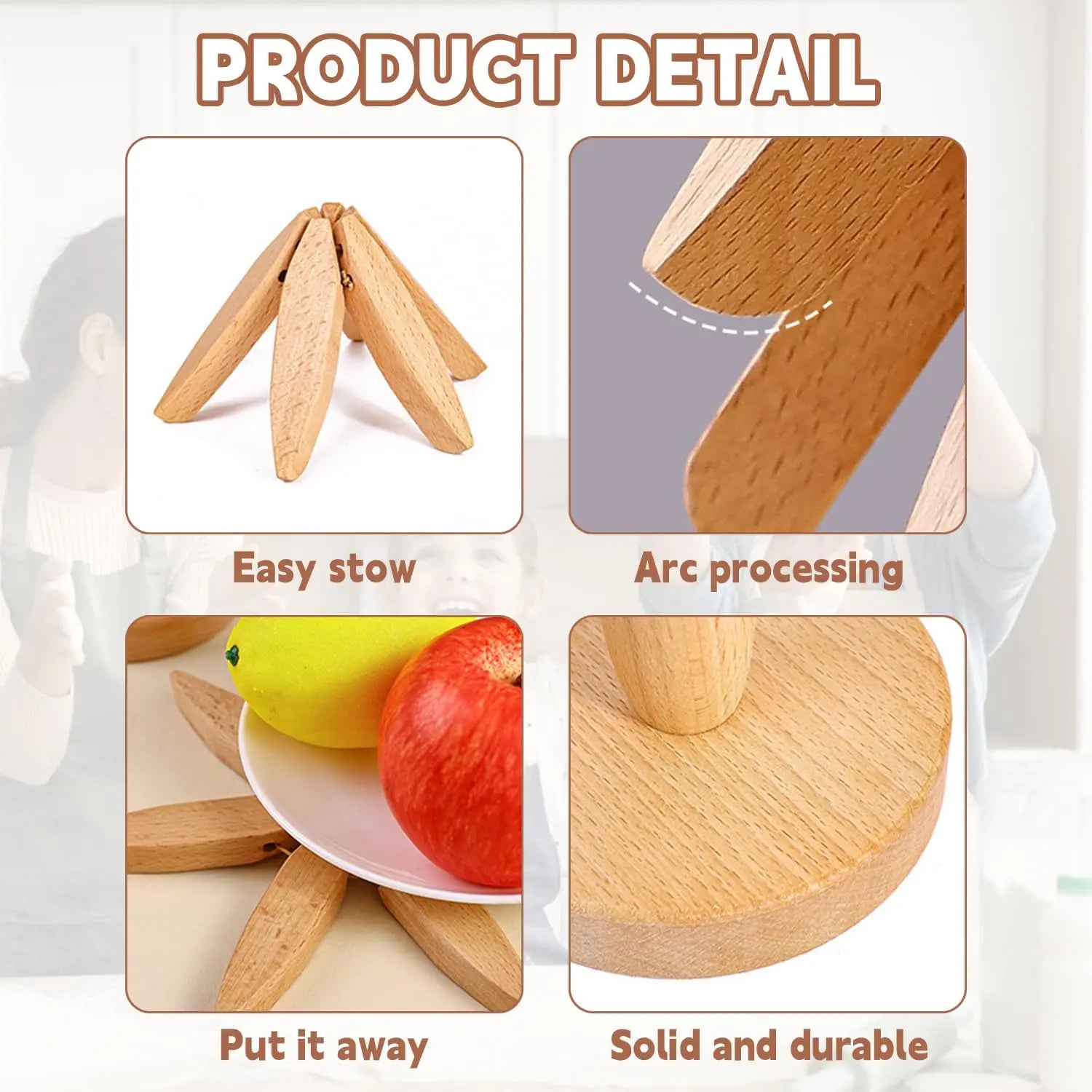Tree-Shaped Wooden Trivet Set – 4 Foldable Trivets + Stand | Natural Wood Hot Pads for Pots, Teapots & Bowls