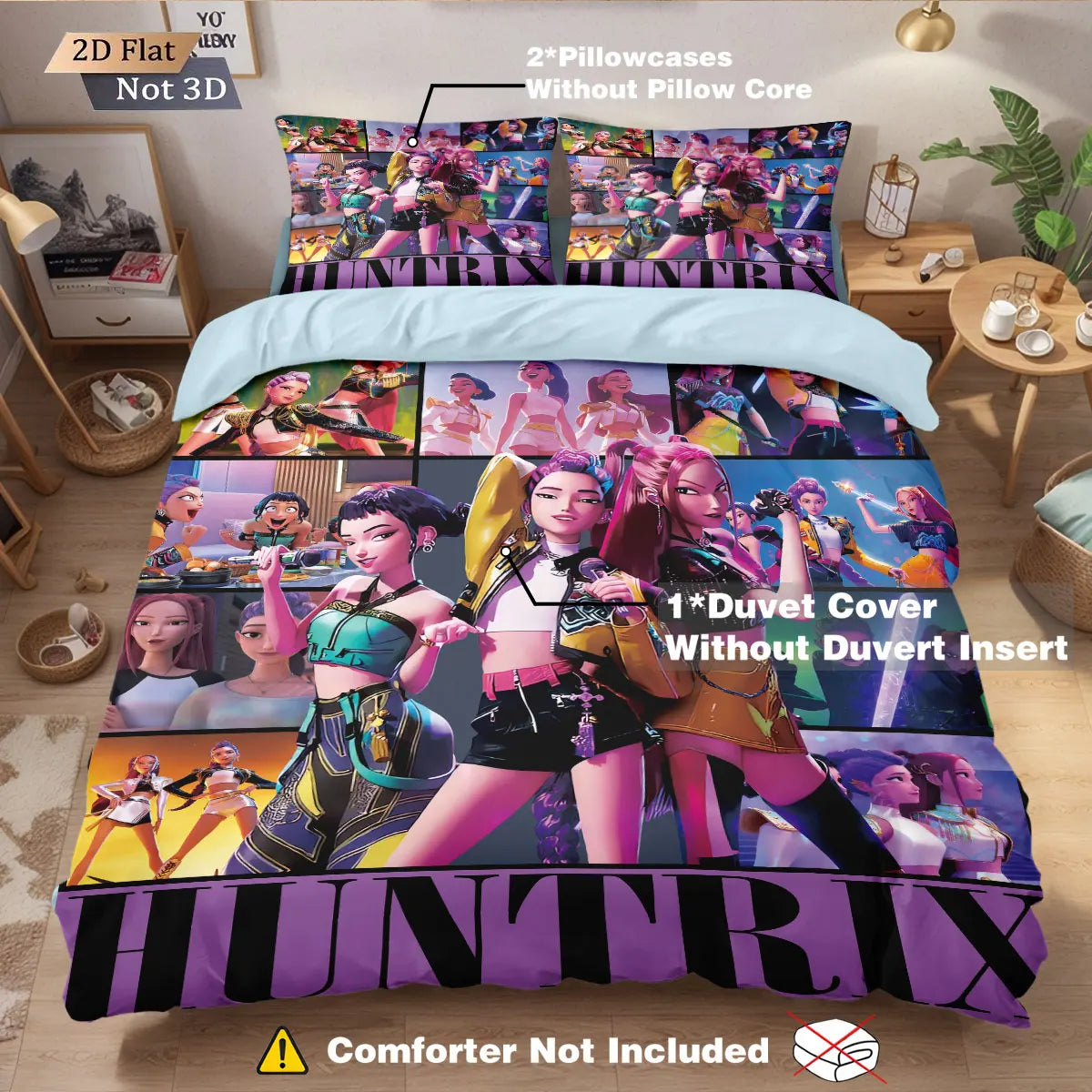 3-Piece K-Pop Devil Girl Print Duvet Cover Set - Microfiber Polyester, Machine Washable, Multiple Sizes (1.0m–2.8m)