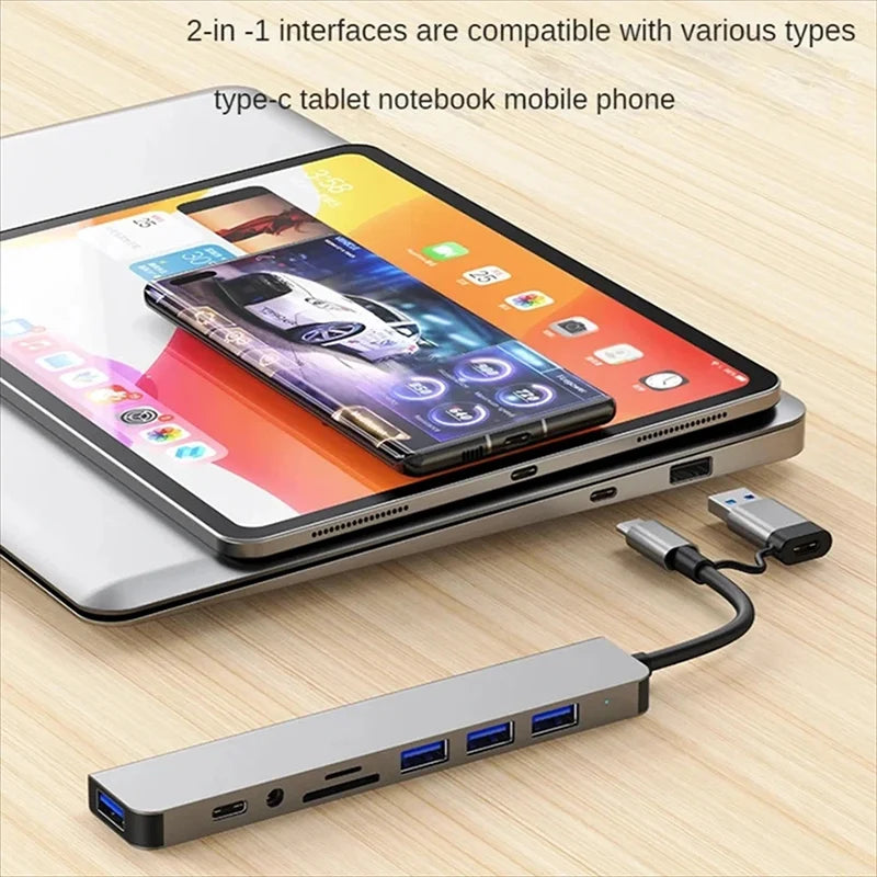 USB-C Hub 8-in-1 USB Splitter with SD/TF Card Reader, 3x USB Ports, USB-C & 3.5mm Audio — 15cm (5.9in) Cable, Compatible with MacBook & Laptops