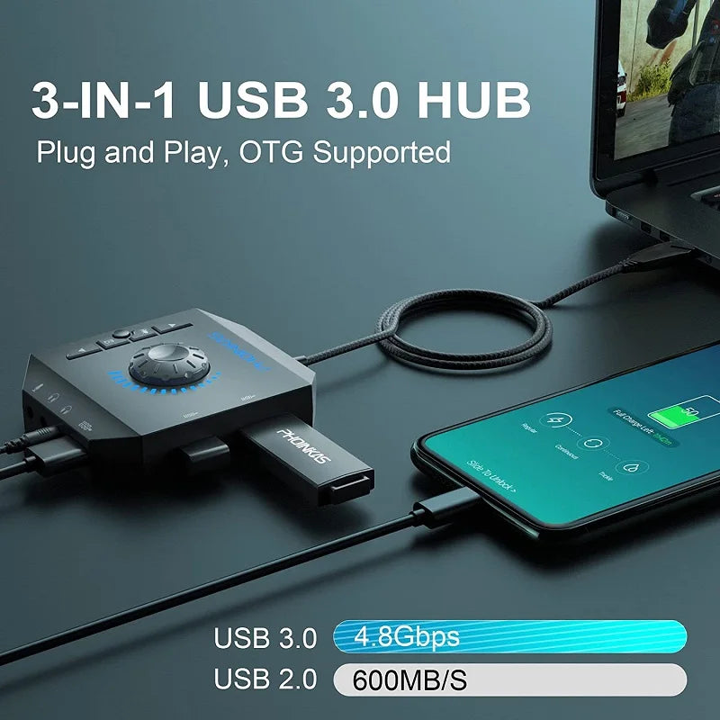 Plug & Play External USB Sound Card Audio Adapter with 3.5mm Jack & 3 USB Ports for PC, Laptop, Mac, PS4, Xbox