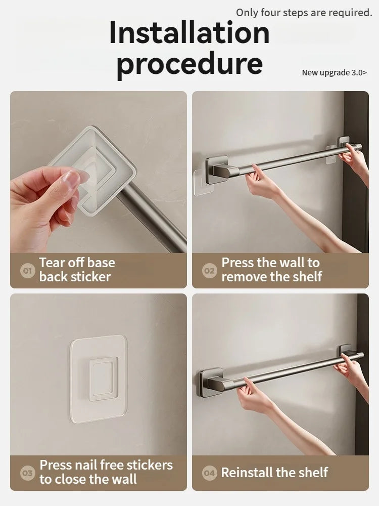 No-Drill Adhesive Towel Bar – Wall-Mount Towel Rack & Hook for Bathroom, Kitchen, Tile, Glass