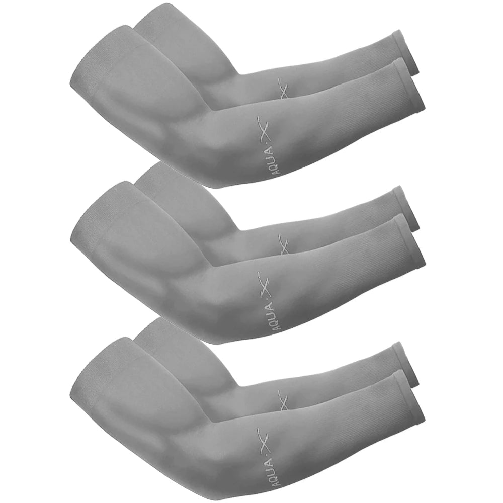 Three pairs of gray ice silk arm sleeves stacked together for display