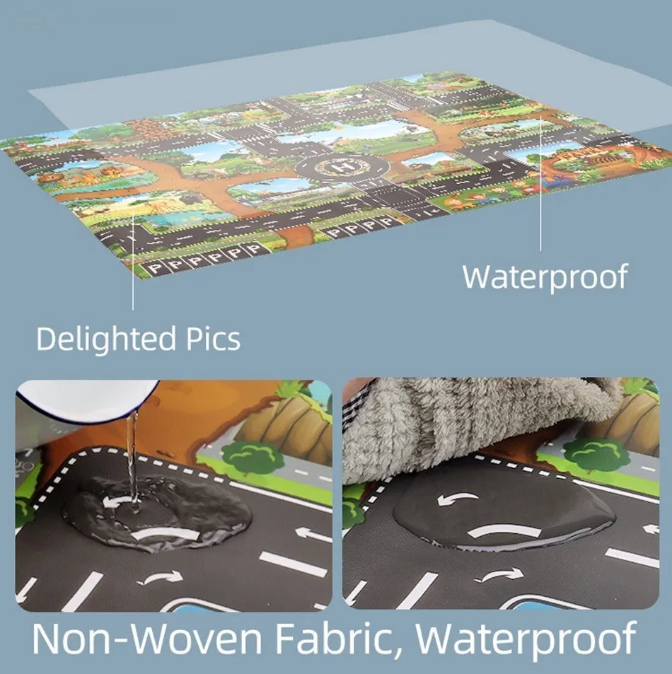 Kids Waterproof Playmat 39.4 x 51.2 in (100 x 130 cm) – Portable Foldable Road Map Play Rug with Farm, Animal & Dinosaur Design, Non-Toxic Toddler Activity Mat