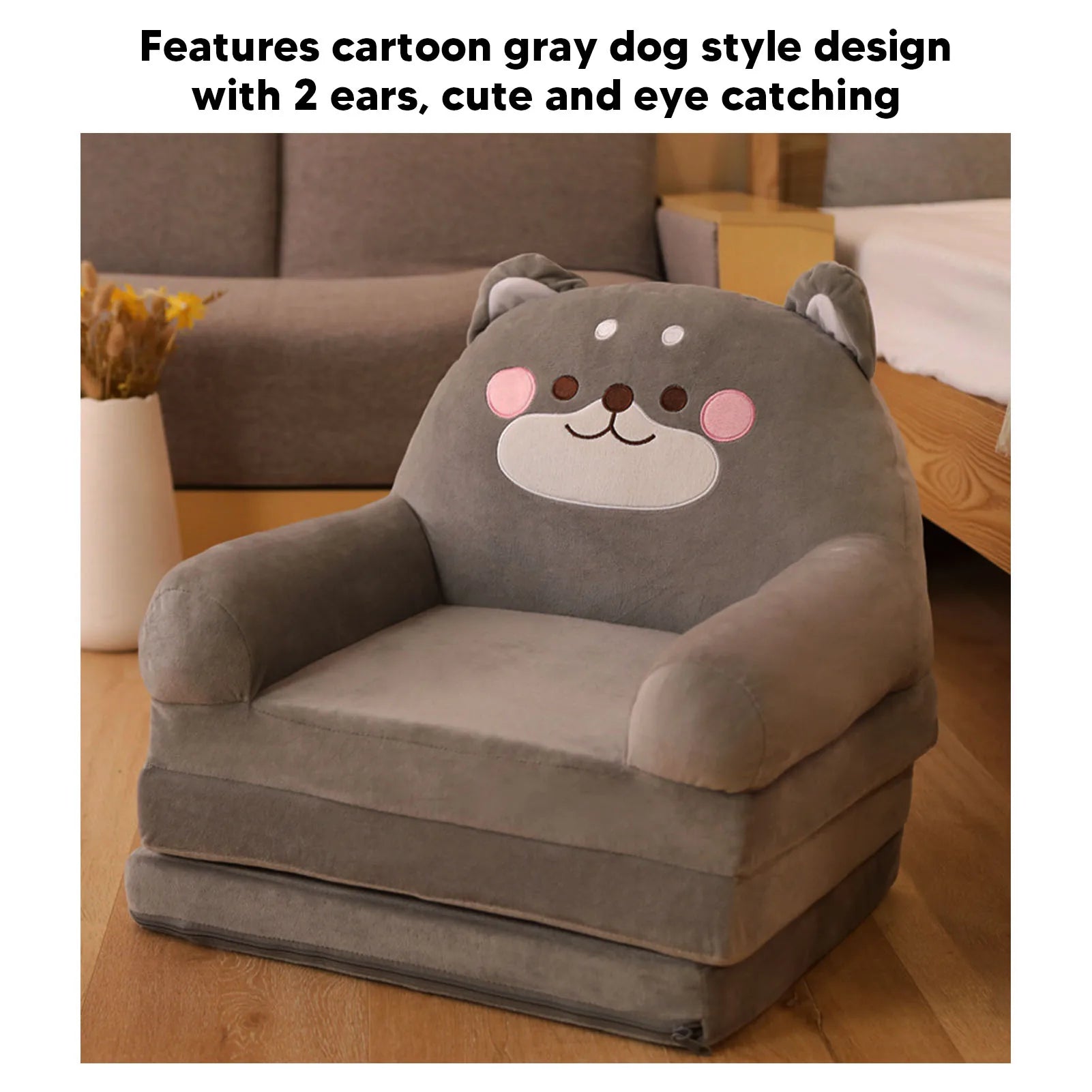Cartoon Gray Dog Kids Sofa Foldable Toddler Chair - Soft Breathable Plush Armrest for Reading, Relaxing & Napping