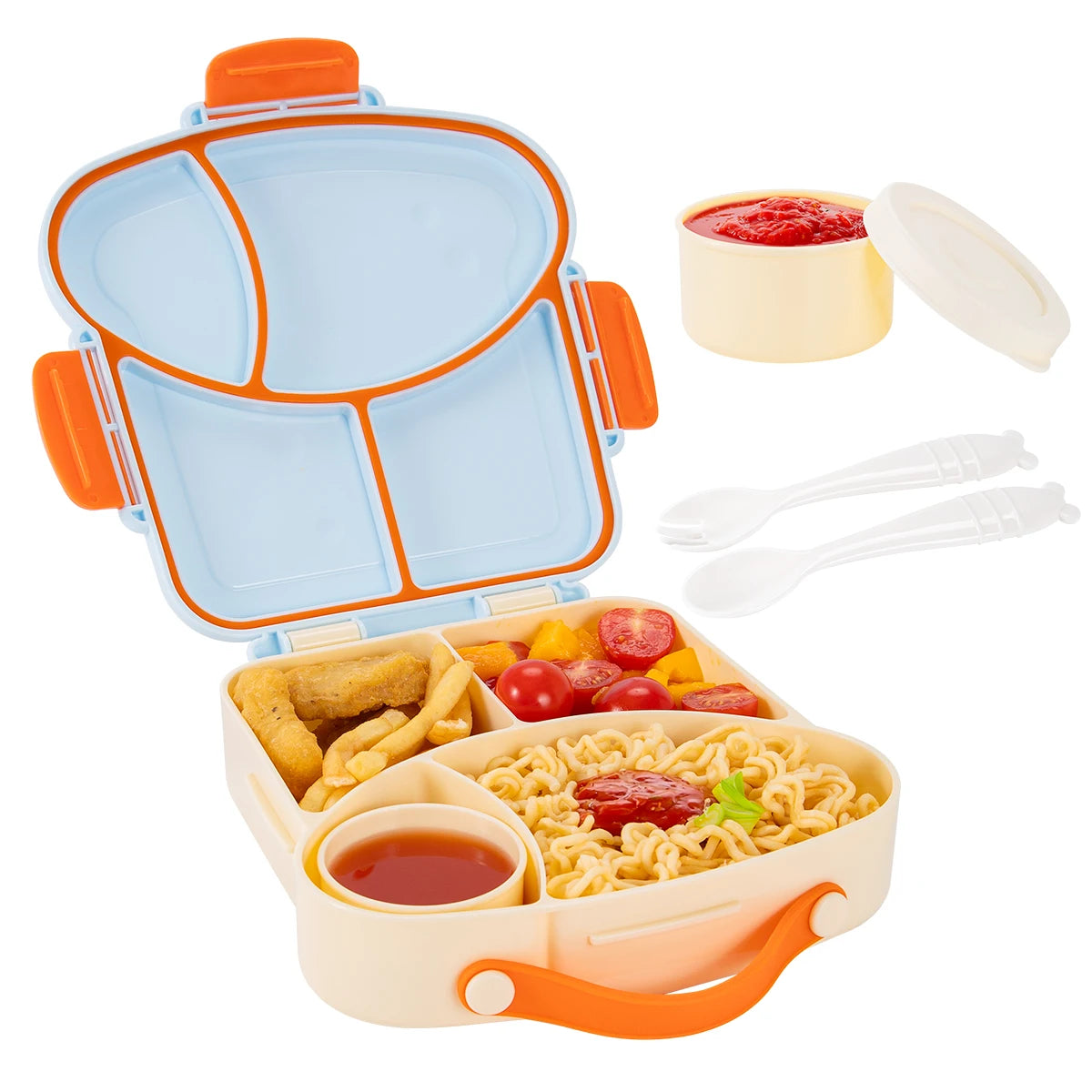 Bento Lunch Box Set • Leakproof BPA-Free Meal Container with Spice Cup & Utensils, Portable Handle for School Travel & BBQ