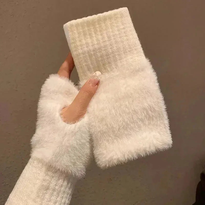 Solid Color Plush Knitted Fingerless Gloves – Warm Half-Finger Winter Gloves for Women
