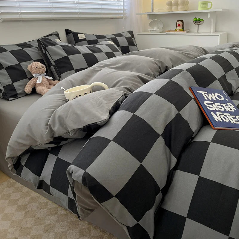 Nordic Plaid Washed Cotton Bedding Set - Duvet Cover + Pillowcases & Flat Sheet - Twin/Full/Queen/King
