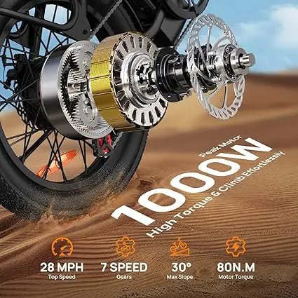 1000W Electric Fat Tire E-Bike 48V 13Ah Removable Battery, 20"x3" (50.8x7.6 cm), 7-Speed, Dual Disc Brakes, Up to 60+ km Range