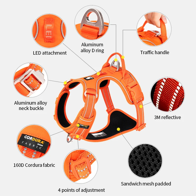 Adjustable Padded Dog Harness with Handle – Reflective Nylon, Front & Back Leash Attachments, Quick-Release Vehicle Safety Harness
