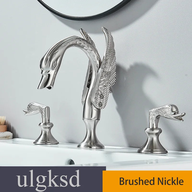 Golden Swan-Shaped Bathroom Faucet 3-Piece Basin & Tub Mixer with Dual Crystal Handles, Hot & Cold