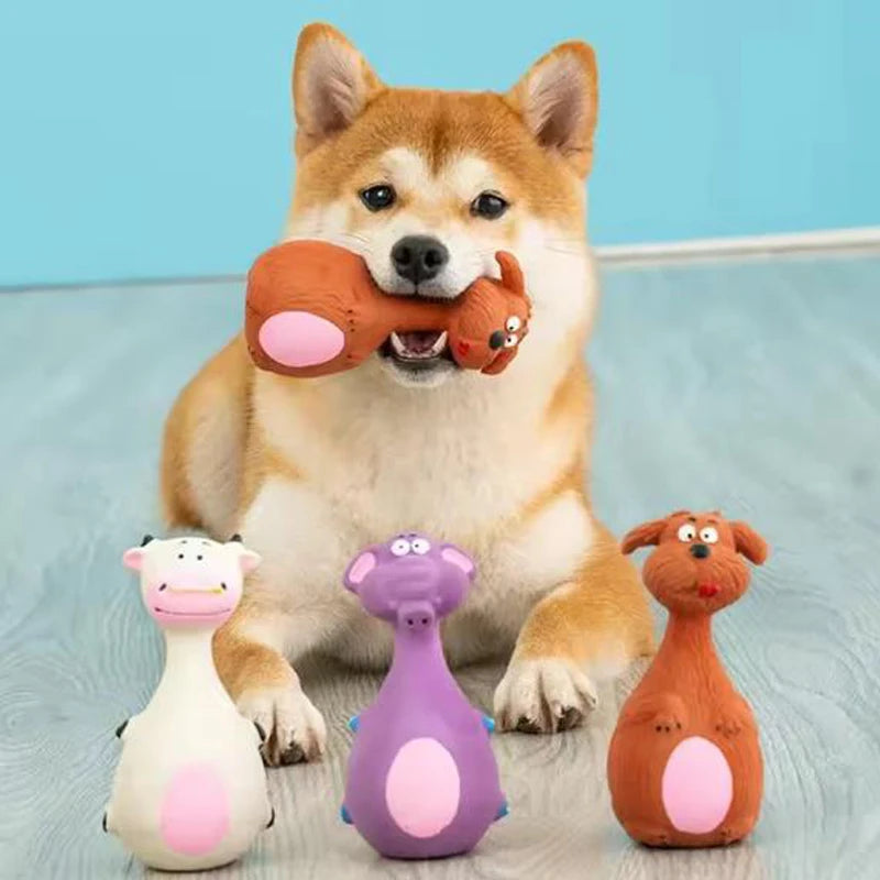 1-Pack Round-Bellied Cartoon Squeaky Dog Toy - Bite-Resistant Latex Rubber, Purple Elephant / White Cow / Brown Options