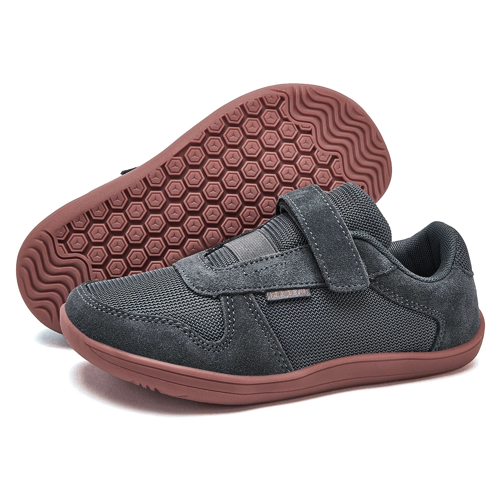 Kids Wide-Toe Barefoot Sneakers — Lightweight Hook & Loop Mesh with Faux Leather Toe
