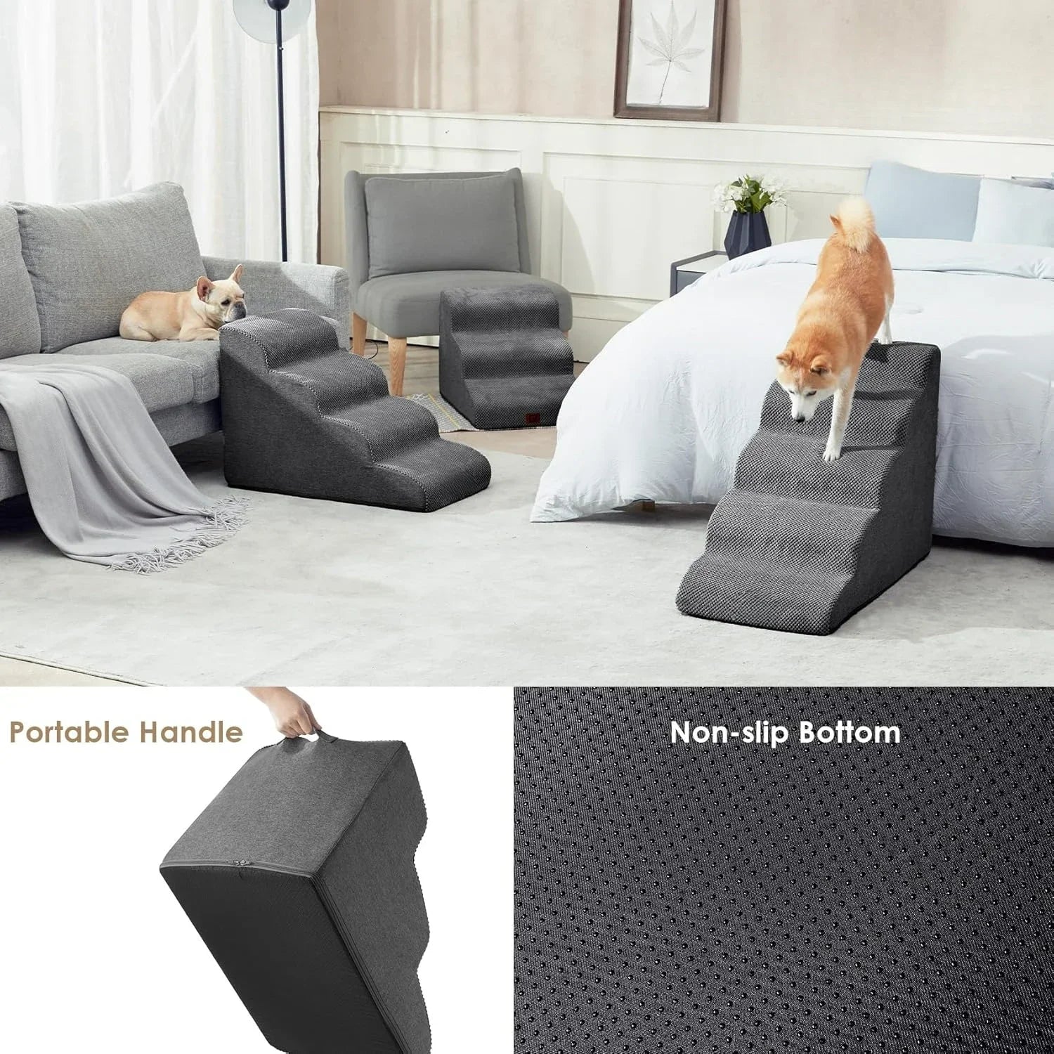 Curved Foam Pet Stairs for Dogs and Cats — 2–5 Step Non-Slip Ramp Fits Beds Up to 24 in (61 cm)
