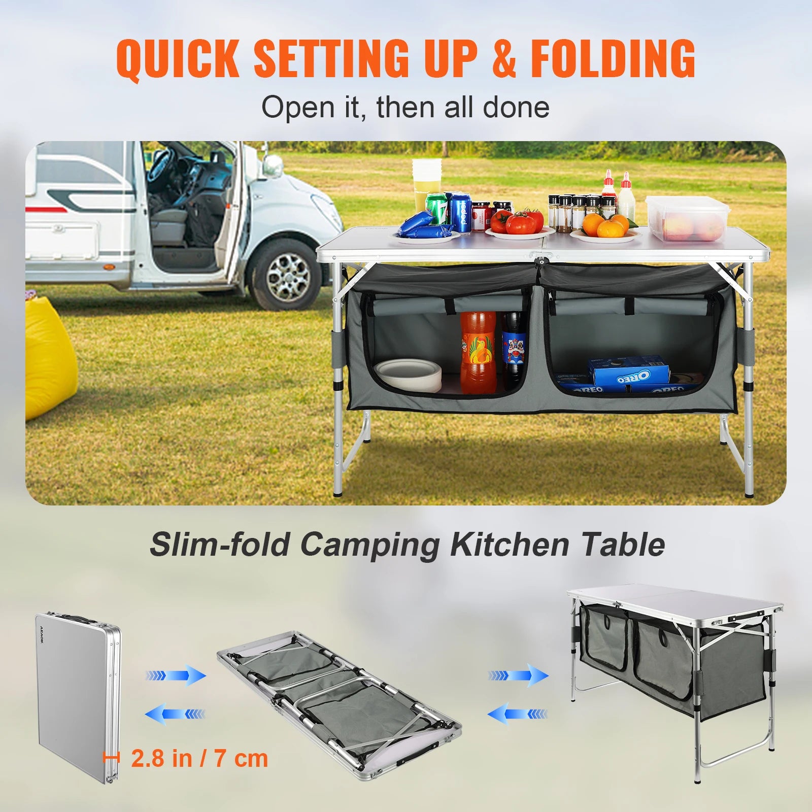 Portable Folding Camping Kitchen Table with Storage Bag – Aluminum Picnic Cook Station, Adjustable Height 21.45 / 24.4 / 27.56 in (54.5 / 62 / 70 cm)