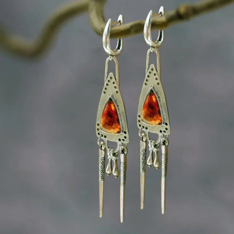 Boho Triangle Waterdrop Stone Drop Earrings - Orange Geometric Statement Earrings for Women