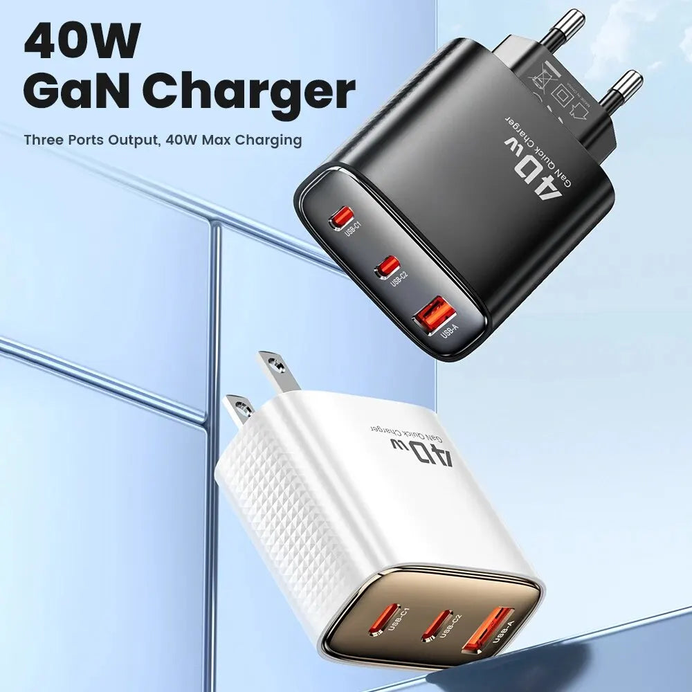 40W GaN 3-Port USB Fast Charger – Dual USB-C PD + USB-A QC4.0 Compact Travel Wall Charger
