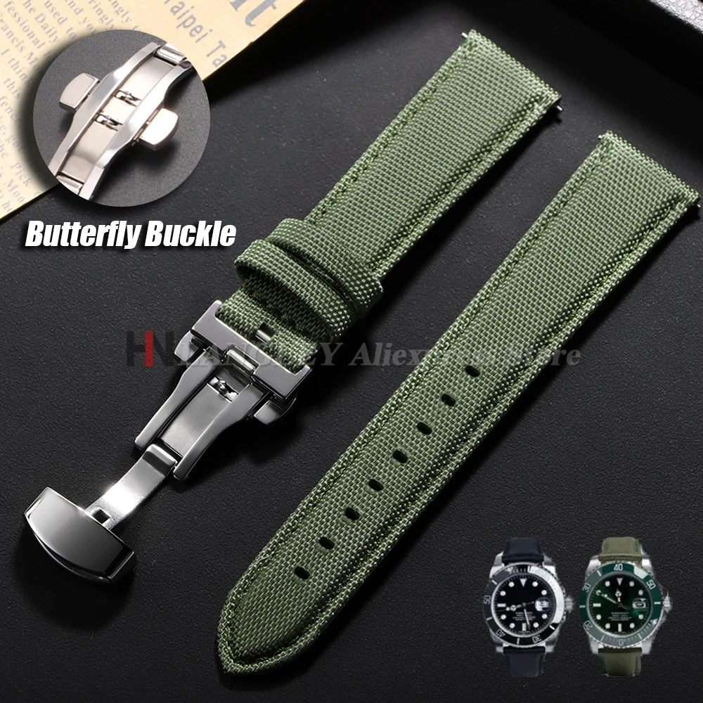 Sailcloth Nylon Leather Watch Strap 20mm 22mm Quick-Release Waterproof Butterfly Clasp Unisex Business Watch Band