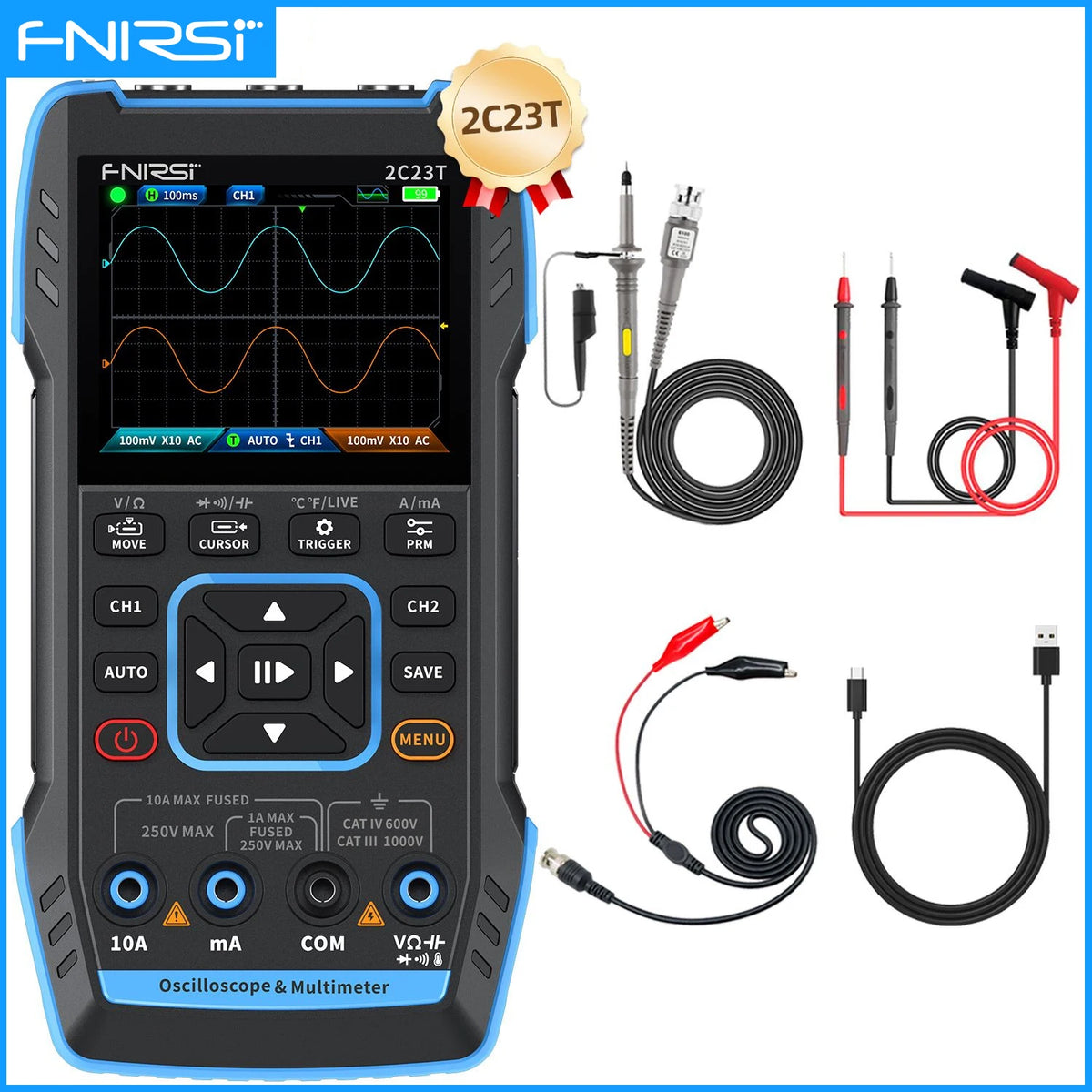 3-in-1 2-Channel Digital Oscilloscope Multimeter & DDS Signal Generator 50 MHz 250MS/s 2.8-inch LCD Portable