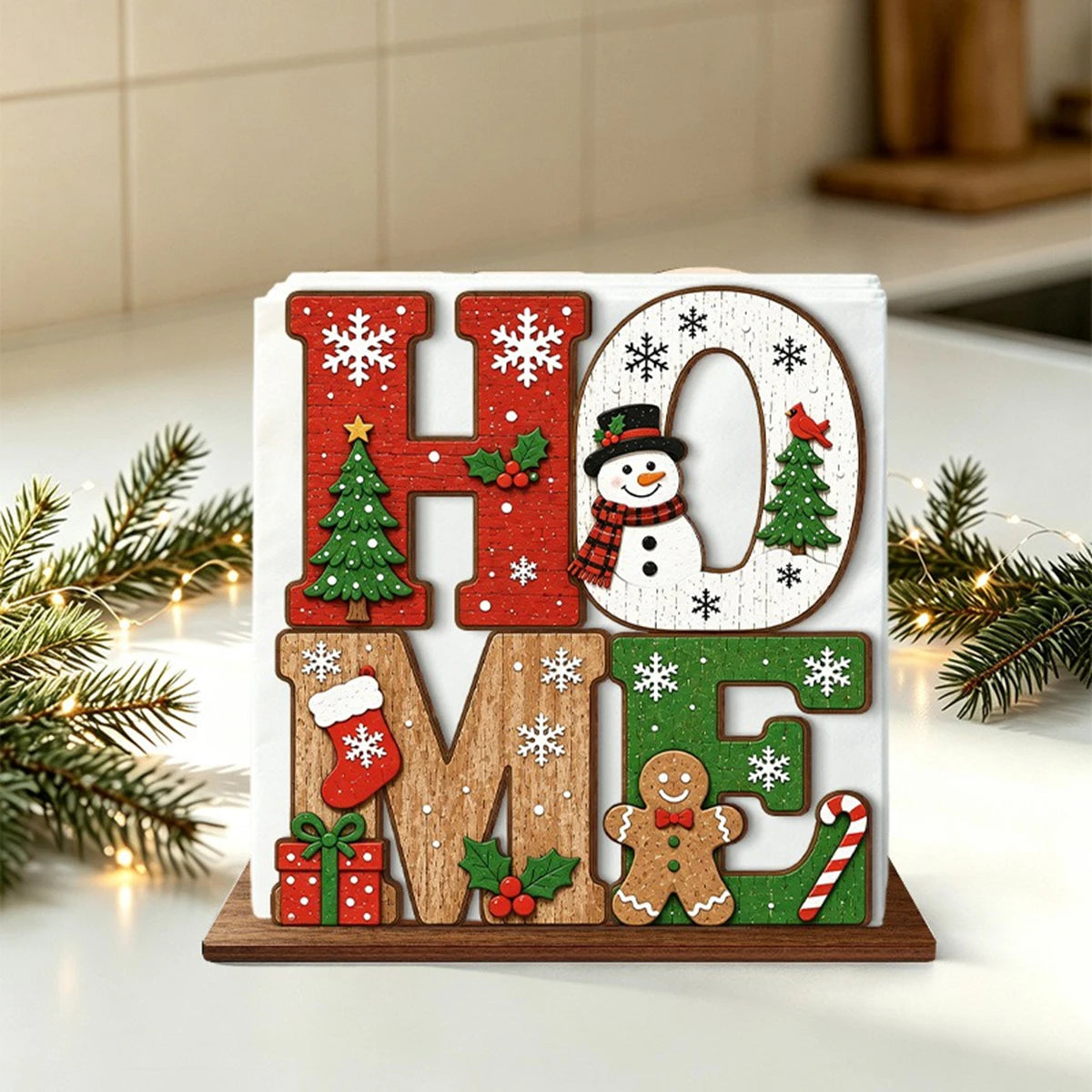 Santa Claus Wooden Napkin Holder - Holiday Tabletop Napkin & Tissue Holder, Christmas Dining Decor