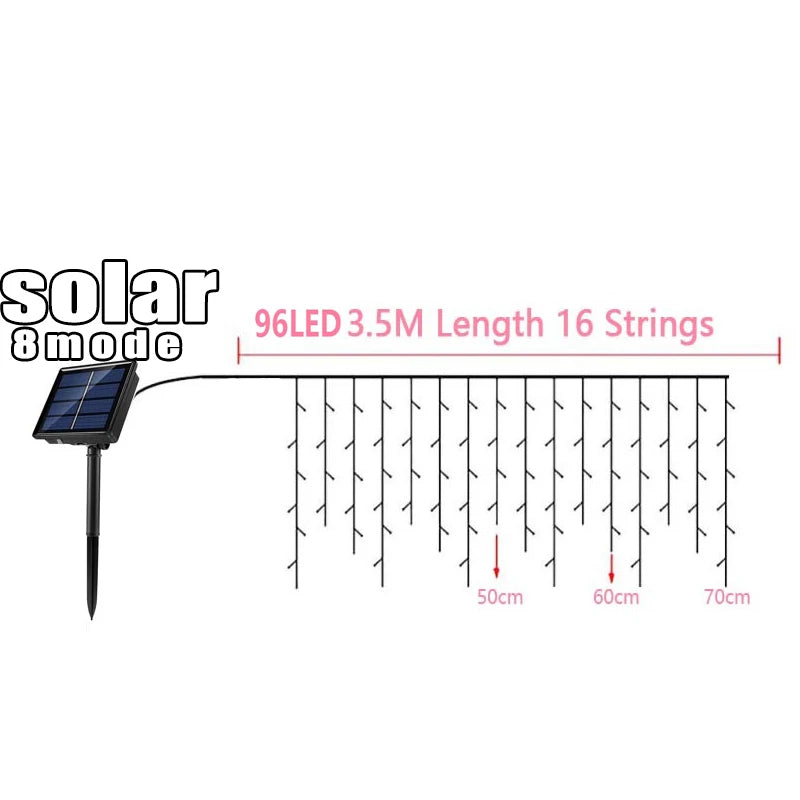 Solar Curtain Icicle Fairy String Lights 3.5M (11.5 ft) IP65 Waterproof Outdoor Wedding & Christmas Garden Decor