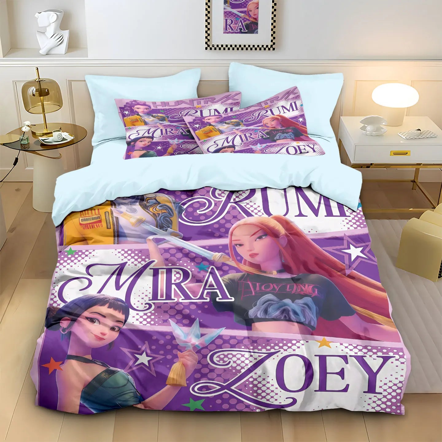 3-Piece K-Pop Cartoon Demon Hunters Girl Group Print Duvet Cover Set, Soft Microfiber, Machine Washable — Multiple Sizes 1.0–2.8m (39–110 in / 3.3–9 ft)