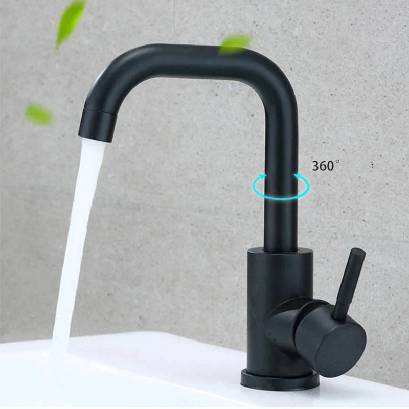304 Stainless Steel Bathroom Basin Faucet Single Lever Mixer Tap 360° Swivel Hot & Cold Sink Faucet