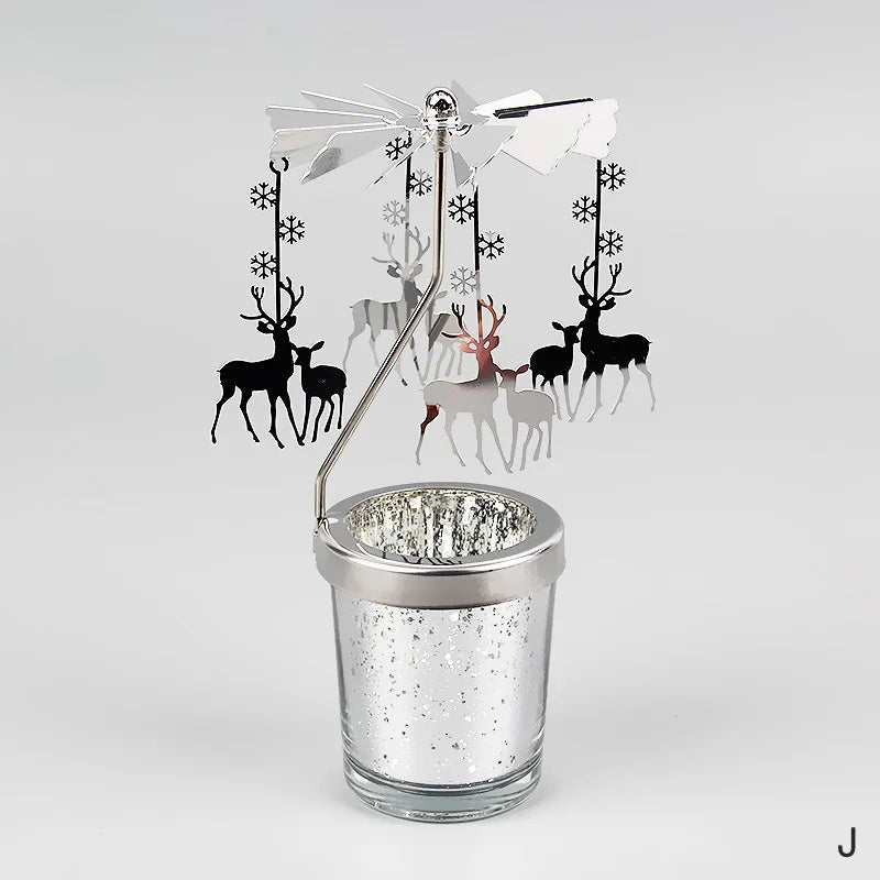 Rotating Tea Light Candle Holder Carousel Stand 6.7x3.1in (17x8cm) Metal Spinning Candlestick Gold Silver Home Party Christmas Decor Gift