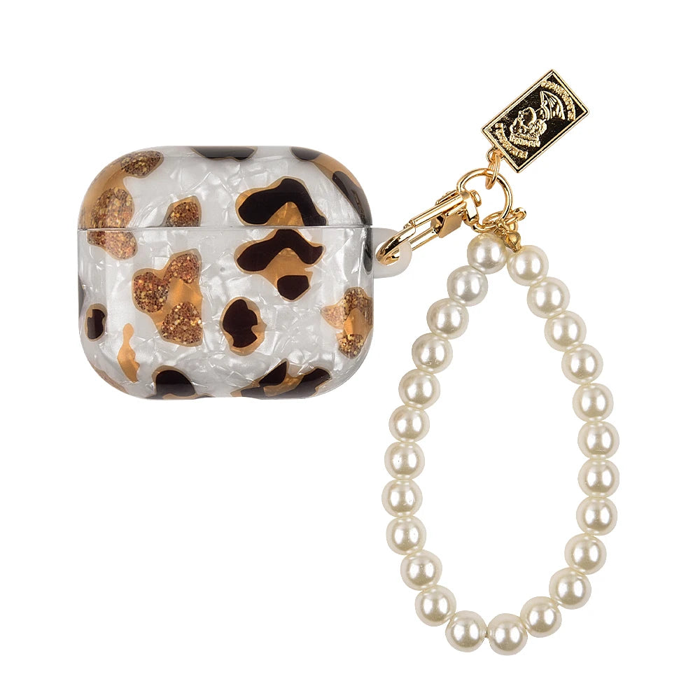 Leopard Pearl Keychain Silicone Case for AirPods Pro & AirPods - Shockproof TPU Soft Cover (USB-C Compatible)
