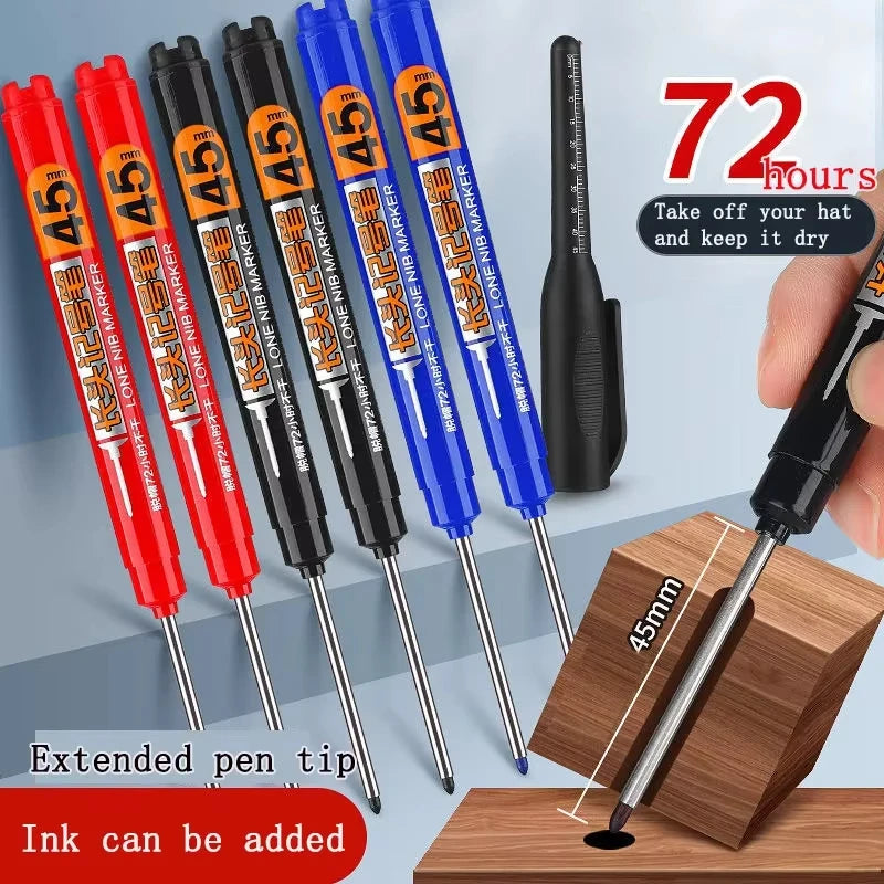 10-Pack 45mm Waterproof Permanent Marker Pens – Long-Head Quick-Dry for Woodworking & Construction, Deep-Hole Marking, Non-Toxic Black Red Blue