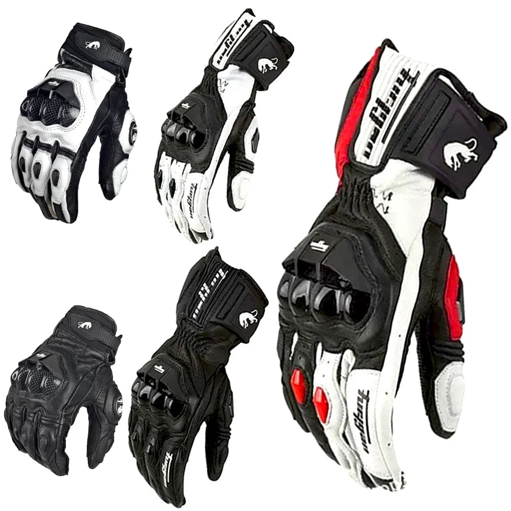 Unisex Leather Motorcycle Riding Gloves - Racing Motorbike Gloves with Protective Padding, Adjustable Strap - Black/White/Red