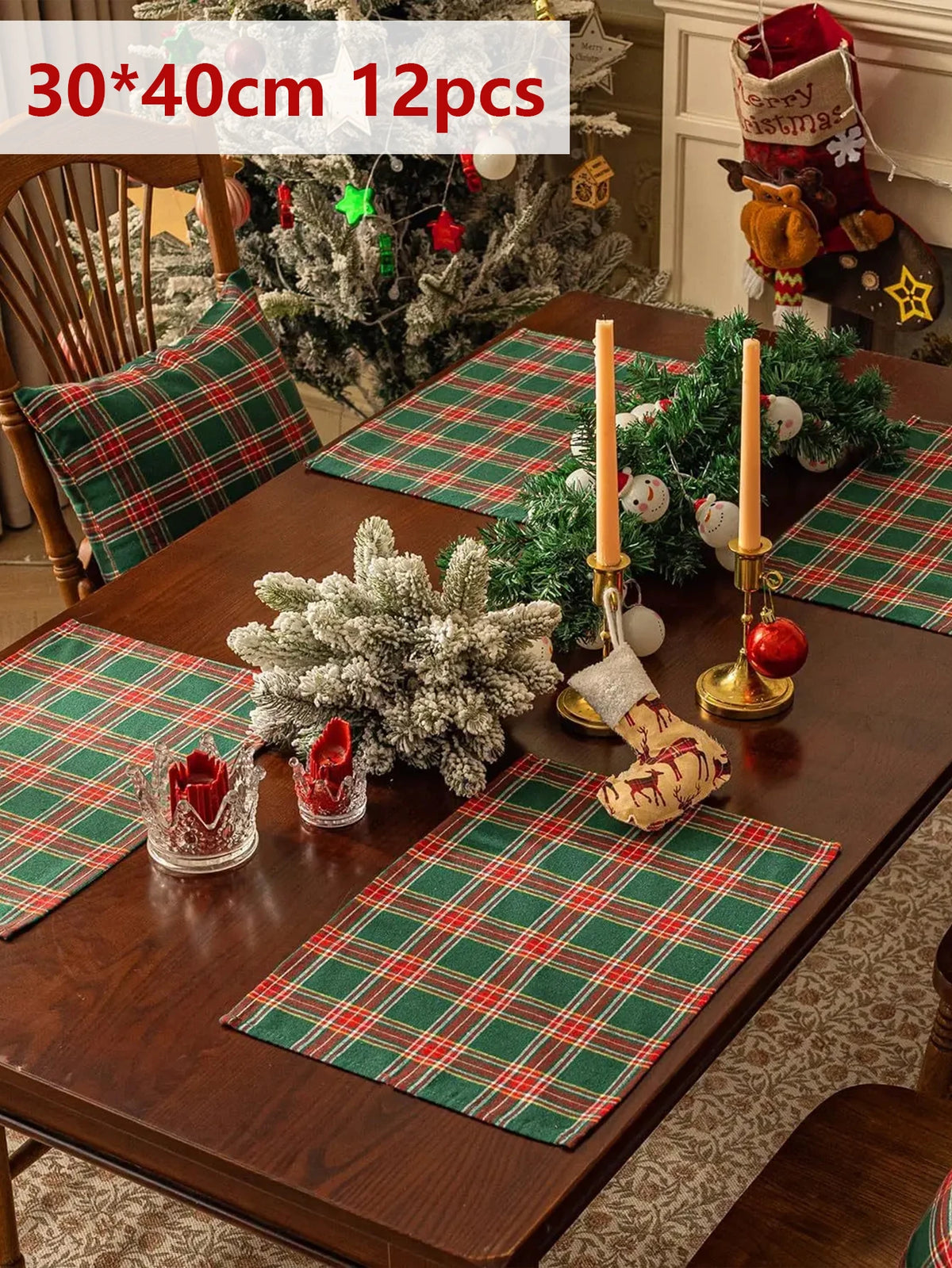 Christmas Tartan Plaid Placemats - 2/6/12 Pack Washable Table Mats for Holiday Dining & Party Decor