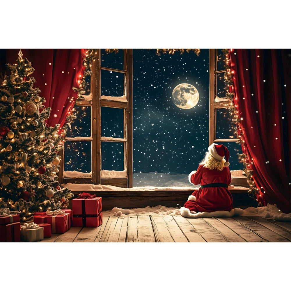 Christmas Photography Backdrop - Red Curtain & Window Scene with Snowy Bear and Gifts for Kids & Family Portraits