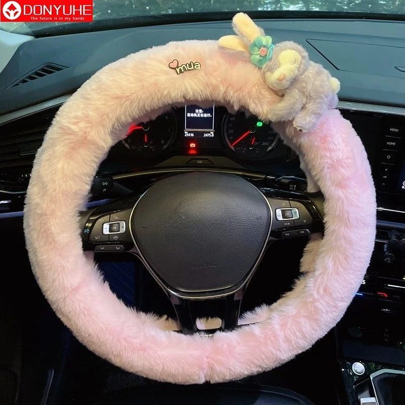 Cute Cartoon Fur Steering Wheel Cover Winter Warm Car Handle Cover for Women