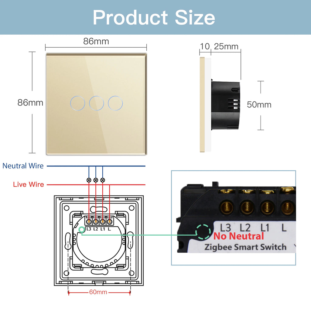 Smart Zigbee Touch Light Switch – 1/2/3-Gang 1-Way | Tuya/Smart Life Compatible, Google Home & Alexa