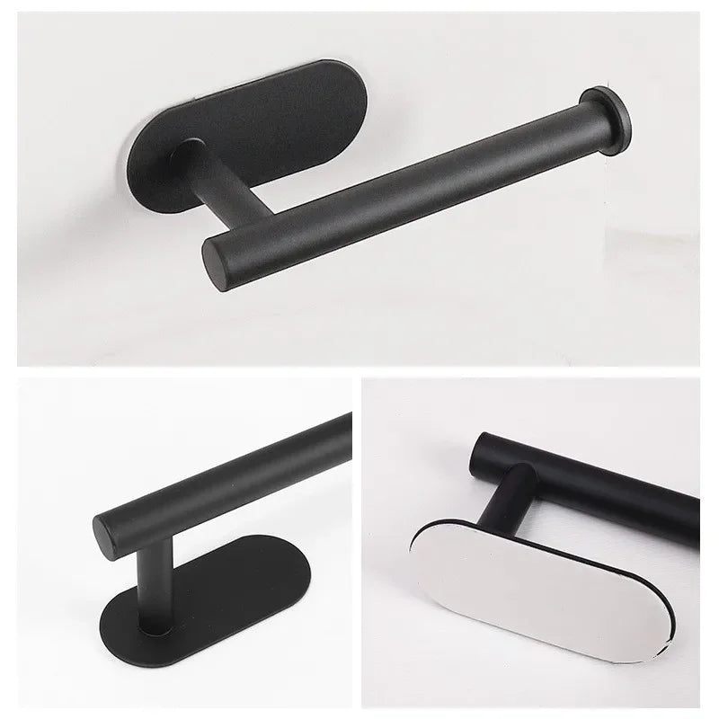 Stainless Steel Adhesive Toilet Paper Holder with Shelf - No-Drill Wall Mount Towel & Paper Towel Rack (Black or Silver)
